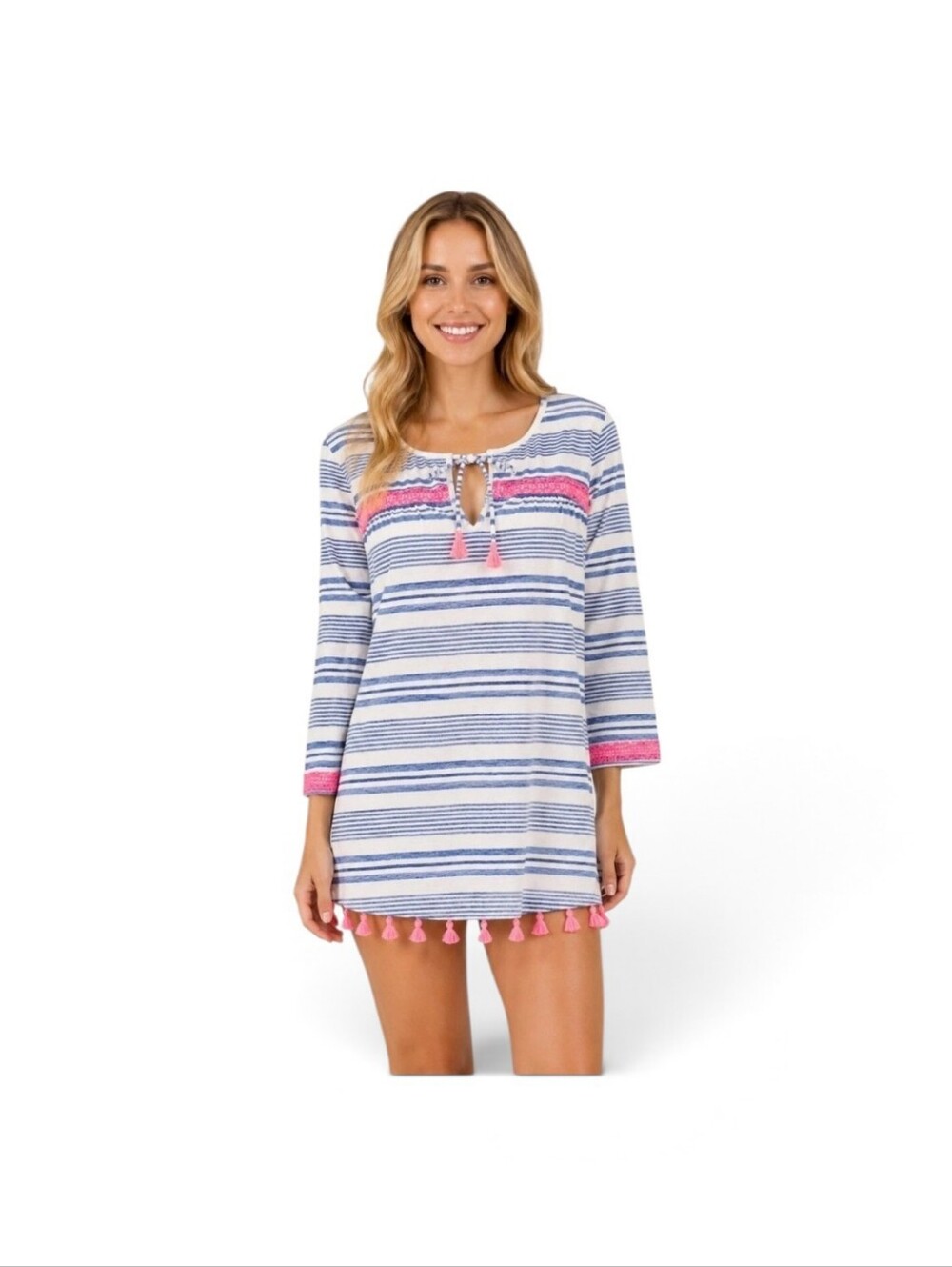 Vineyard Vines Womens M Striped Tunic Dress Beach Swim Cover Up Pink Tassel